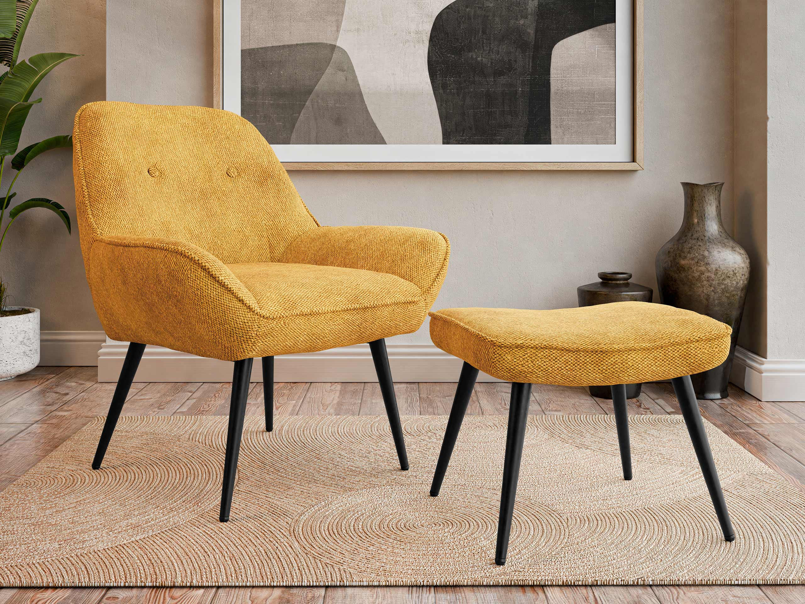 SESSEL Zorto Muz 809B mit Fußbank - Gelb/Schwarz, Holz/Textil (73/89/73cm) - MIRJAN24