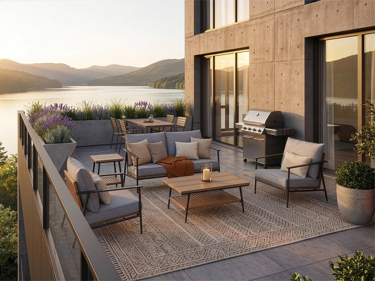 GARTENMÖBEL-SET mit 1 2-Sitzer-Sofa. 2 Einzelstühlen. 1 Couchtisch und 1 Beistelltisch. Schwarz. Grau und Eiche natur - Schwarz/Naturfarben, Metall - Home Collective