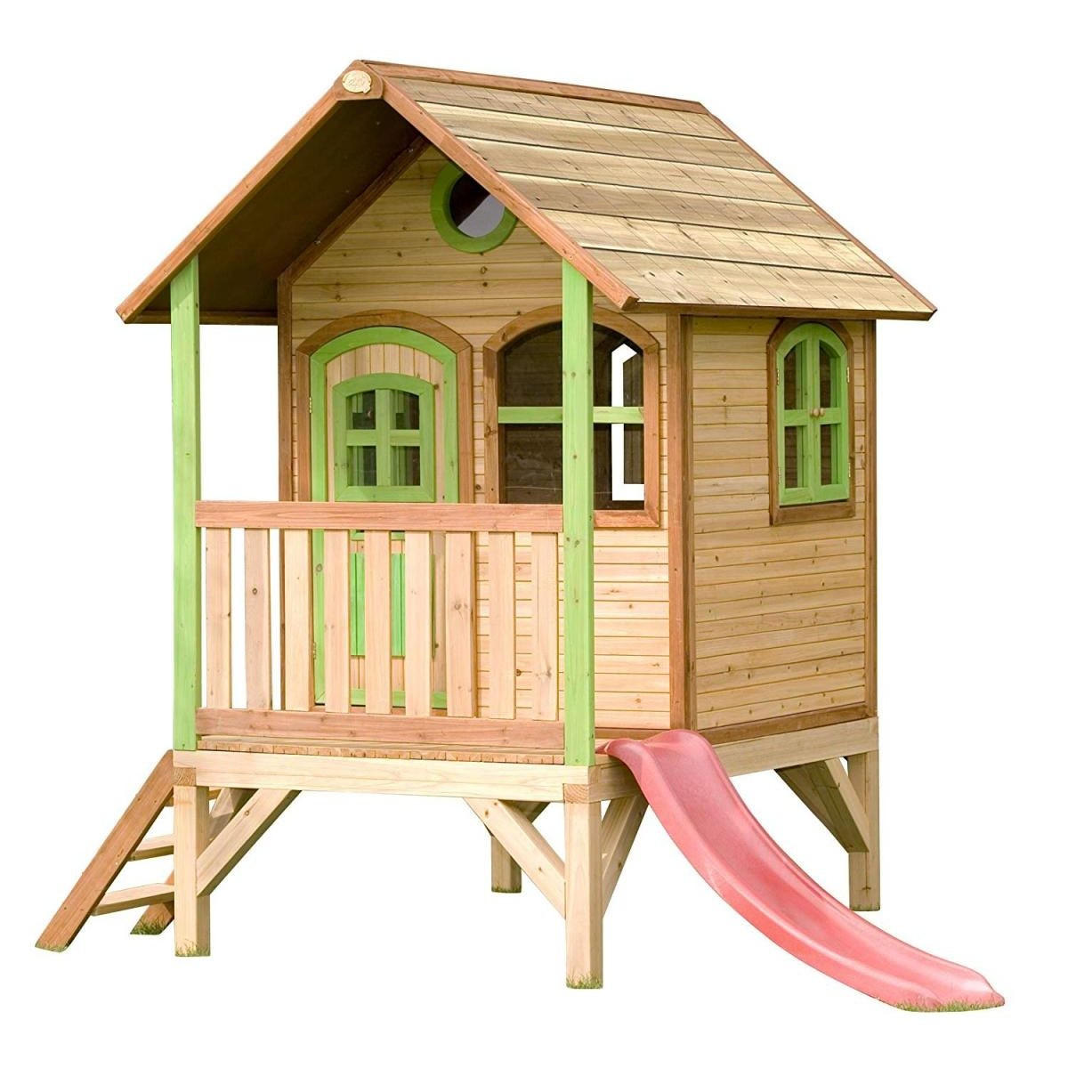 KINDERSPIELHAUS TOM Braungrün mit Rutsche Rot - Rot, Holz (187/227/262cm) - Axi House