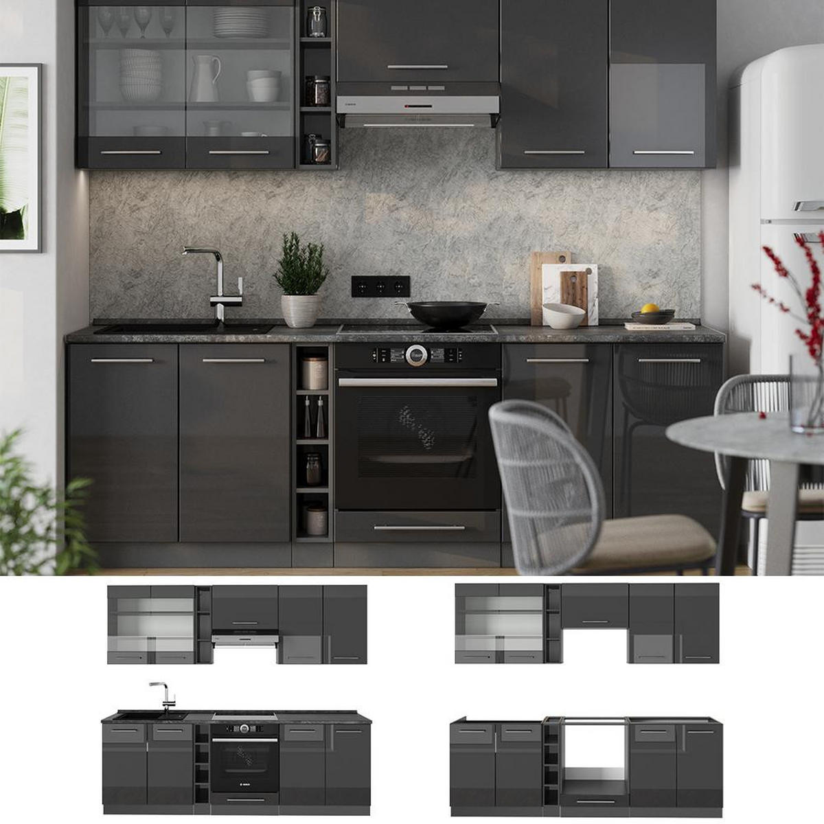 CHICINETĂ Fame-Line Antracit lucios ridicat 235 cm , AP Antracit - negru cu luciu intens/antracit, compozit lemnos (235/206.8/60cm) - Vicco