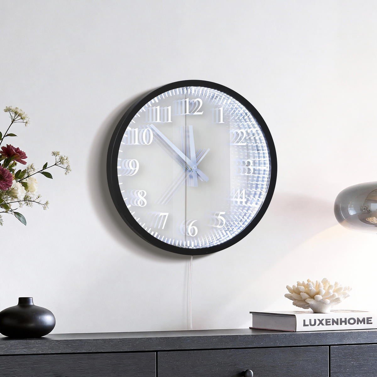 40X40CM Runder LED-Spiegel mit Uhrfunktion - Schwarz, Glas (40/40/3.5cm) - Hometopia
