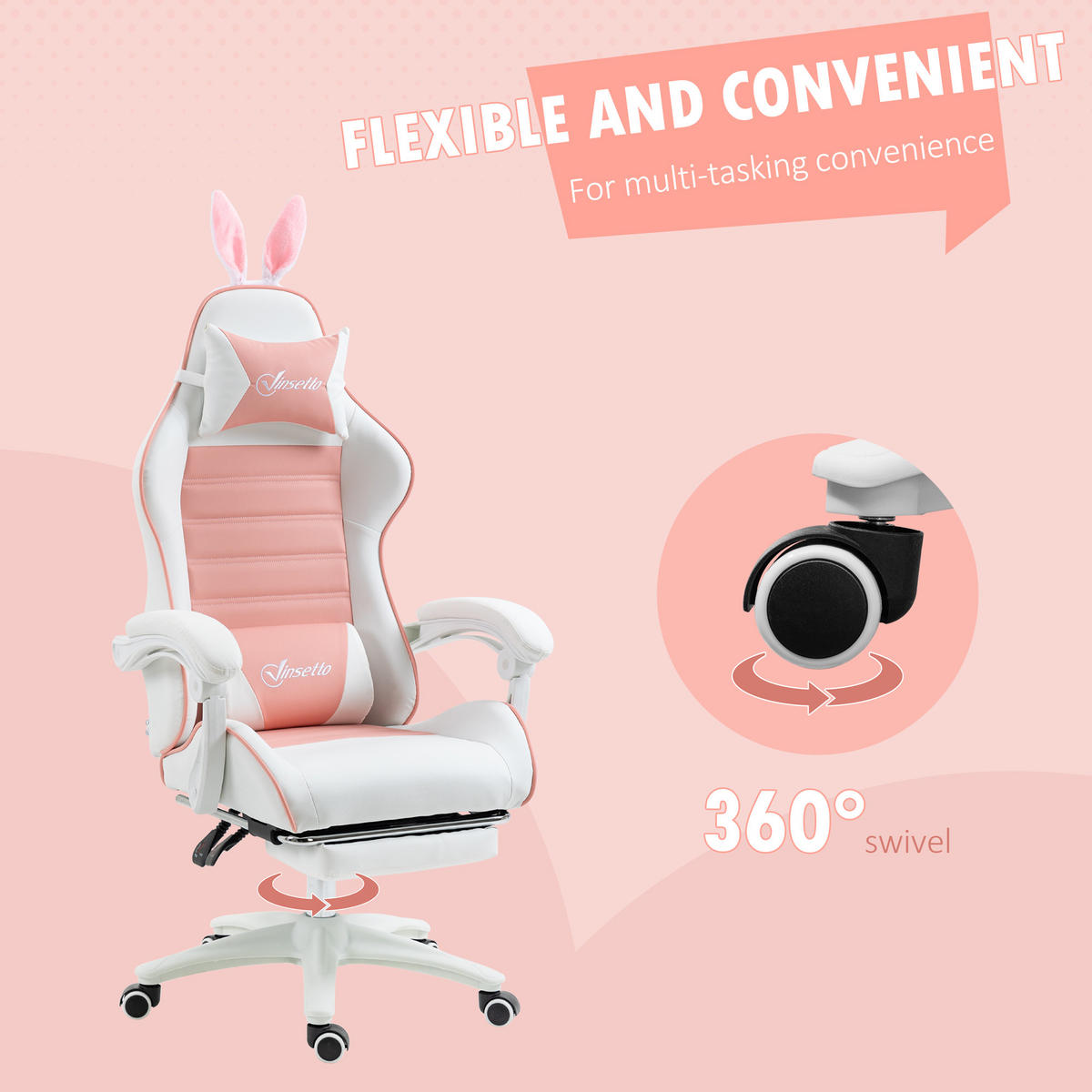 HERNÍ židle Ergonomická herní židle s bederní opěrkou, růžová - růžová, plast (63/142/65cm) - Vinsetto
