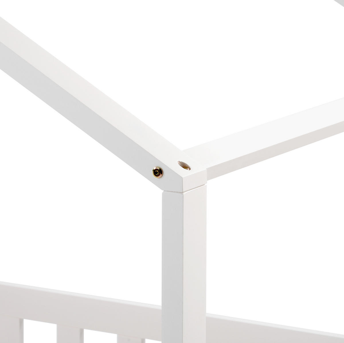 HAUSBETT 90/200 cm Weiß aus Massivholz mit Zaun und Lattenrost - Weiß, Holz (90/200cm) - Flora Grace