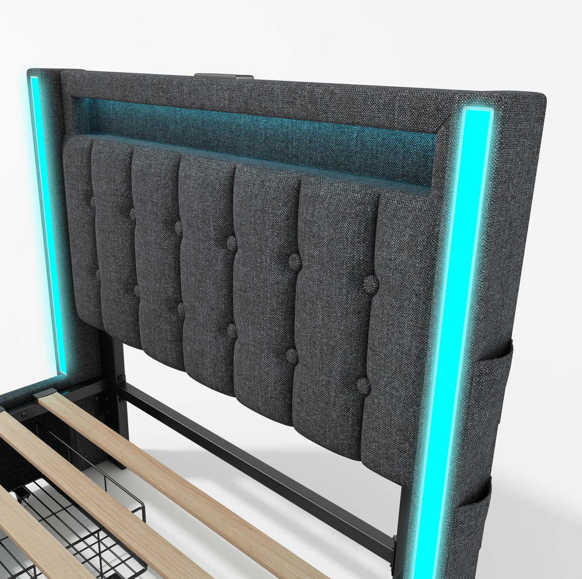 POLSTERBETT aus Leinen 90x200 cm Grau mit LED-Beleuchtung, USB-/USB-C-Anschlüssen und 2 Schubladen - Grau, Textil (90/200cm) - IVMEU