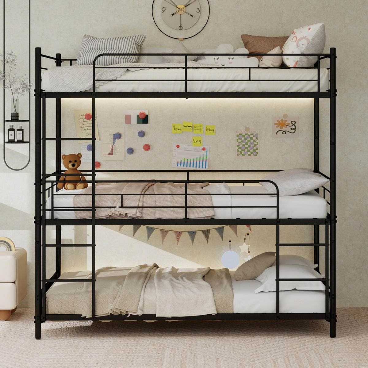 ETAGENBETT für 3 Schlafplätze mit Leitern und Schutzgittern Eisen Schwarz - Schwarz, Holzwerkstoff (90/190cm) - Beauniv