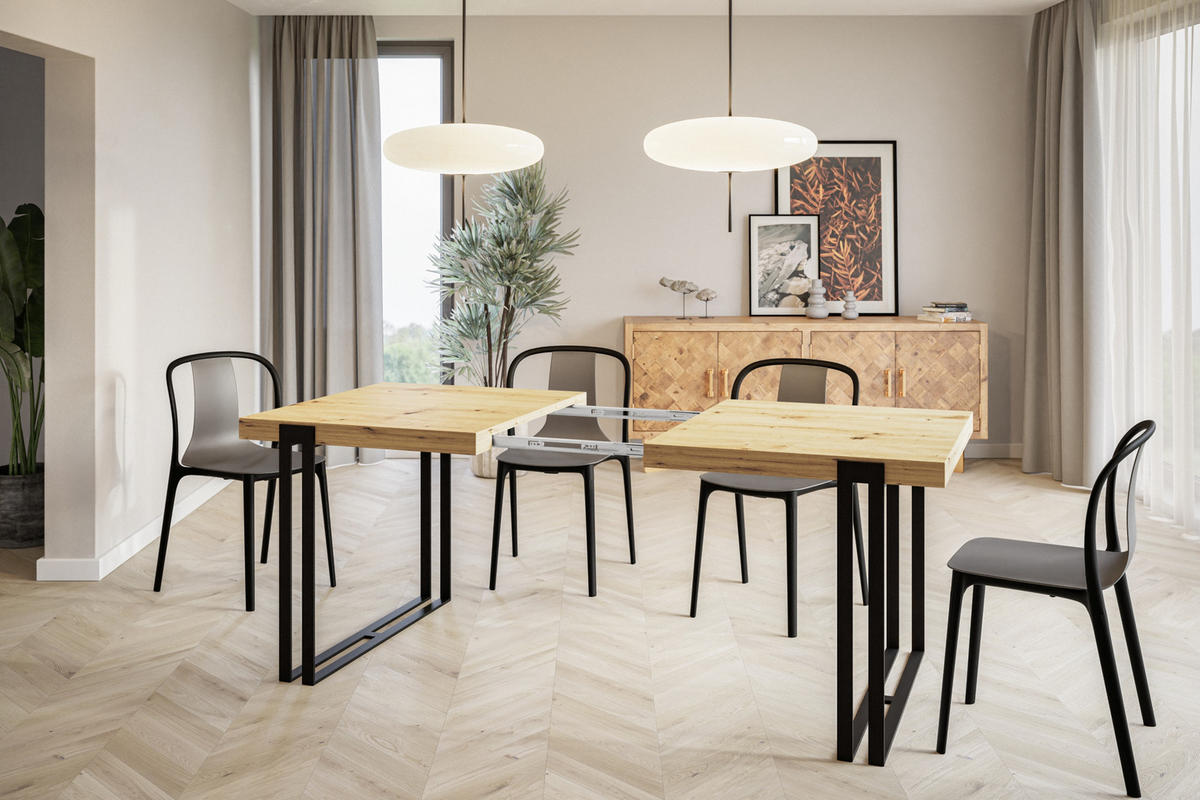 ESSZIMMERTISCH ROSA, ausziehbarer Tisch 180-280X90X77 cm, Farbe: ARTISAN, mit Metallbeinen in Farbe Schwarz - Hellbraun/Schwarz, Holzwerkstoff (180/90/77cm) - Alpi-Möbel