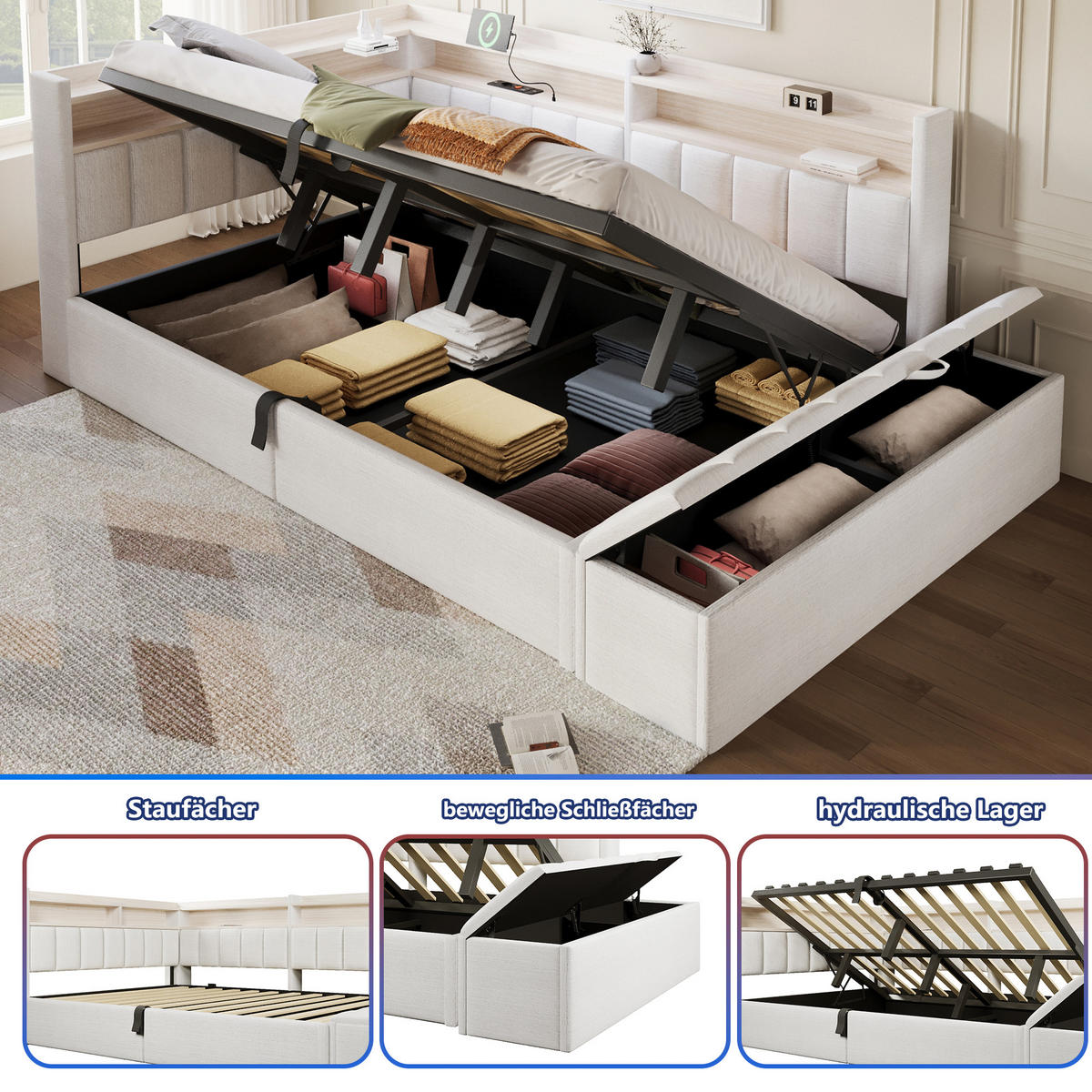 TAGESBETT 140 x 200 cm, Cremeweiß, Samt, LED, USB - Beige, Textil (140/200cm) - FLIEKS