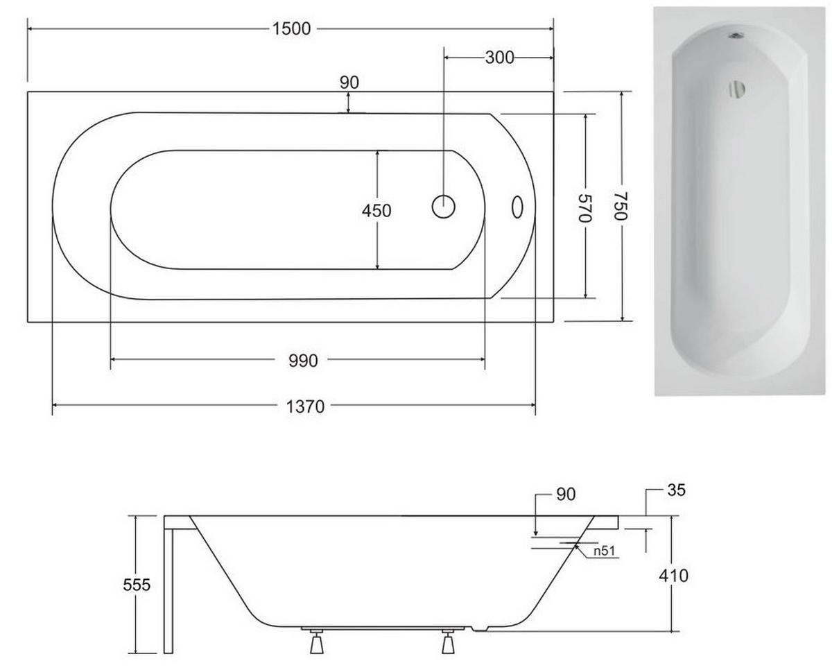 BADEWANNE Rechteck INTRICA 150/75 mit Träger Ablauf Füße - Weiß, Kunststoff (75/55.5/150cm) - bad land