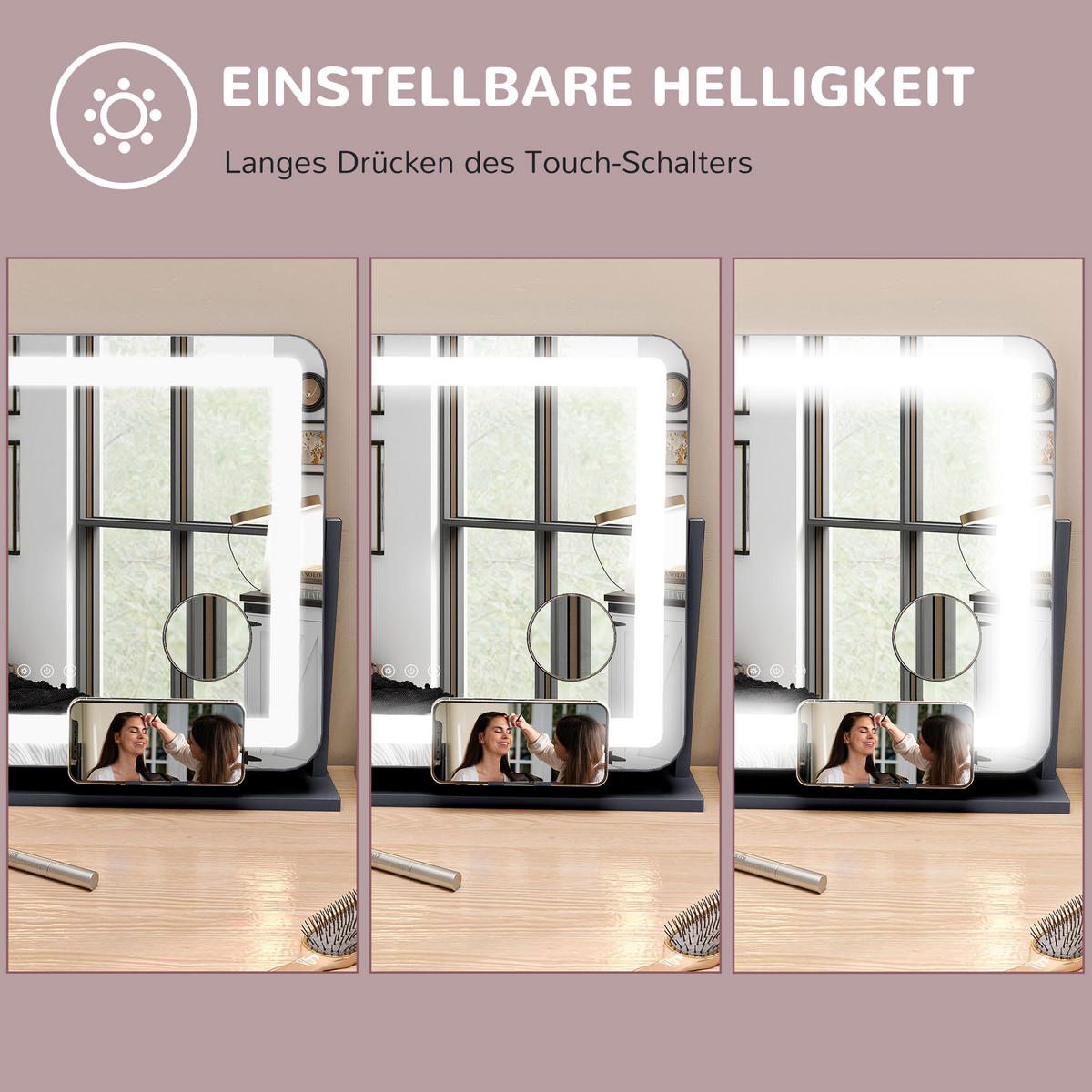 SCHMINKSPIEGEL mit Beleuchtung, mit 3 Lichtfarben, 360° Drehbar, Schwarz - Schwarz, Metall (62.5/52/14cm) - HOMCOM