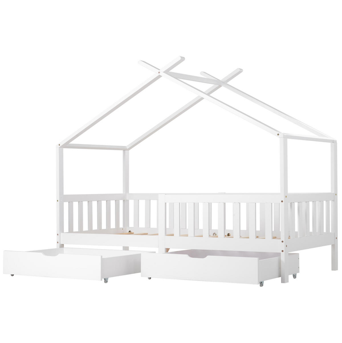 HAUSBETT 90/200 cm in Weiß – mit Satteldach, Zaun und 2 Schubladen - Weiß, Holz (90/200cm) - BEAOK
