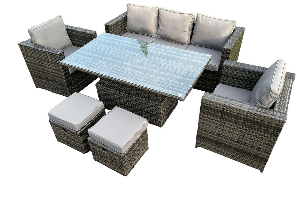 GARTENTISCHGRUPPE Polyrattan 7-Sitzer - Dunkelgrau/Grau, Glas/Kunststoff - Fimous