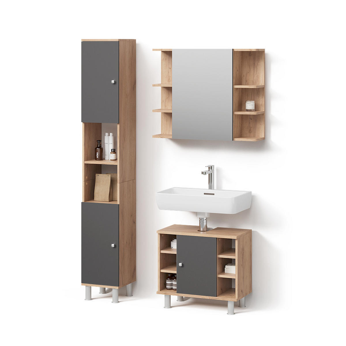 BADMÖBEL-SET Fucino Eiche 3 Teile, mit Hochschrank - Eichefarben/Anthrazit, Holzwerkstoff (79/64/21cm) - Livinity®
