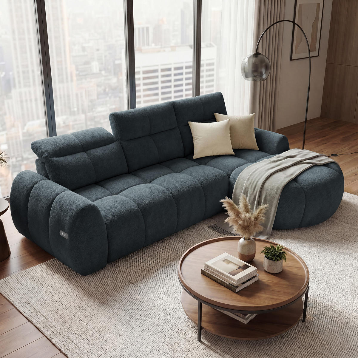 ECKSOFA Sorel Mini mit Automatisch verstellbarer Sitztiefe und Kopfstützen, rechts, Dunkielgrau - Dunkelgrau, Textil (275/190cm) - Beautysofa