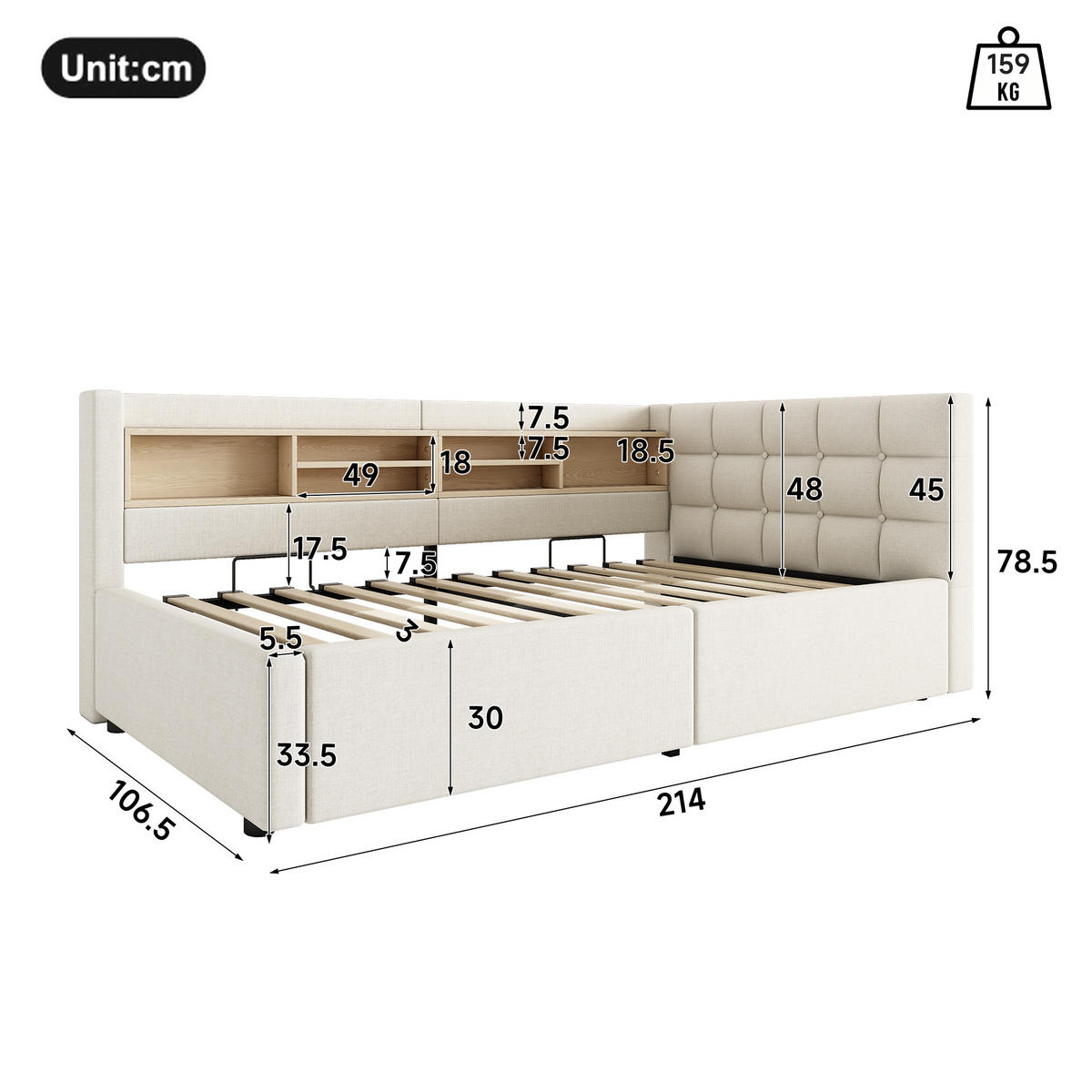 TAGESBETT 90x200cm Schlafsofa Hydraulik LED USB Beige - Beige, Naturmaterialien (90/200cm) - FLIEKS