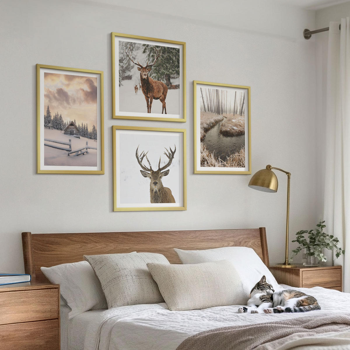 WANDBILDER 4er Set - 50x50 cm & 40x60 cm Goldrahmen - Winterlandschaft mit Hirschen - Goldfarben, Kunststoff (50/50cm) - ArtPrintCave