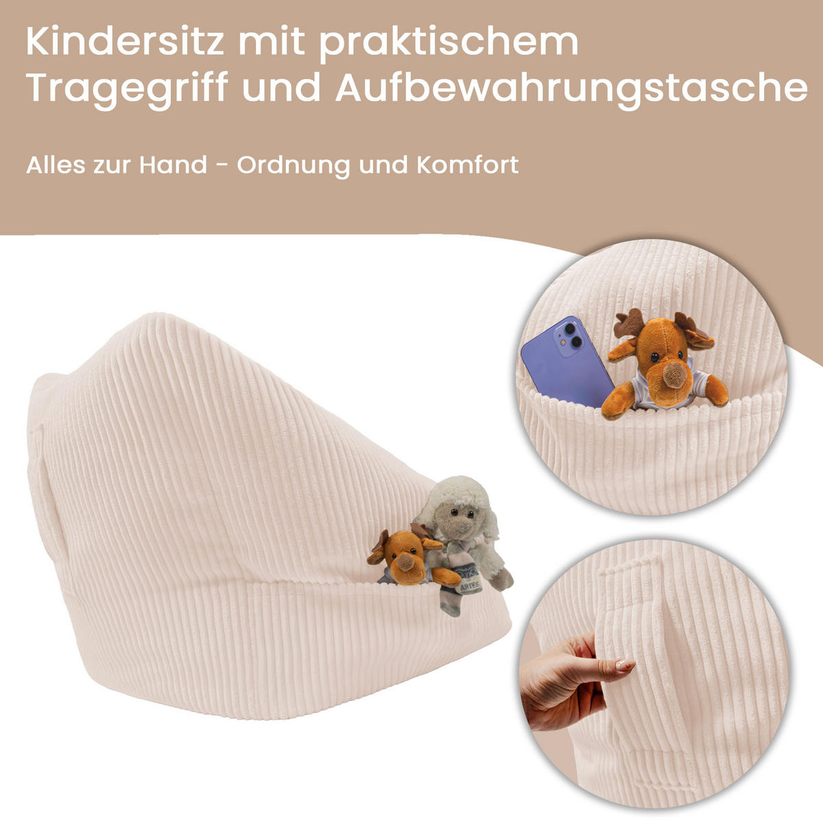 SITZSACK-SESSEL Bambino 55/60/55 cm, weicher Cord 380 g/m², mit Griff & Seitentasche, Creme - Creme, Textil (55/55/60cm) - Dreamroots