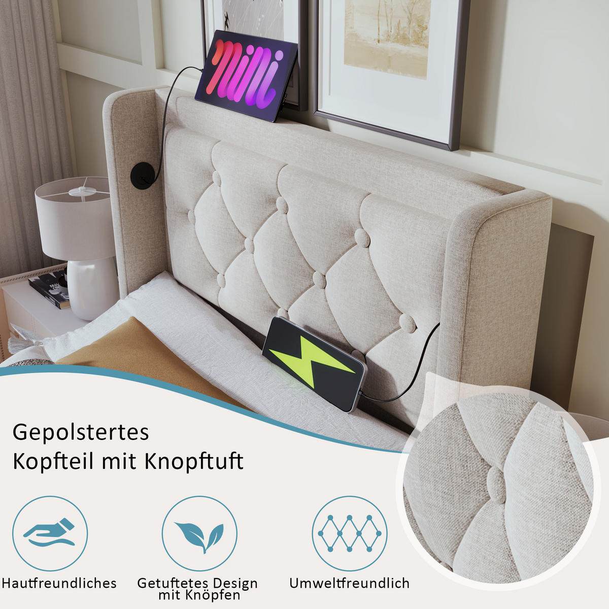POLSTERBETT 90/200 cm in Beige mit Bettkasten, LED, USB und Type-C Stoff - Beige, Holzwerkstoff/Textil (90/200cm) - STILVORA