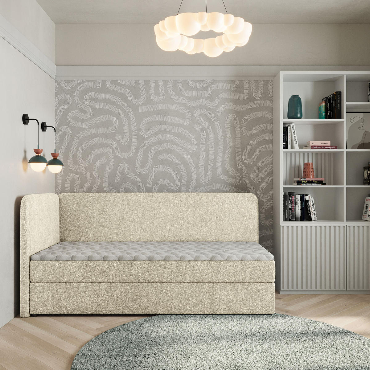 BOXBETT GINA 100x200 cm mit Matratze und Topper, H2+H3 - Creme - Creme, Holz (100/200cm) - MASSENO