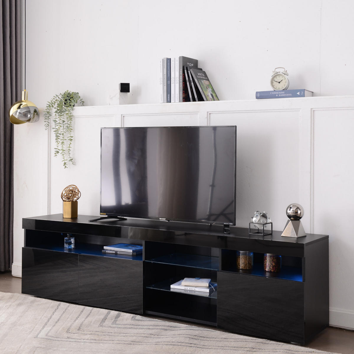 TV Lowboard LED, 3 Türen, 2 Glasregale, Schwarz - Schwarz, Holz (180/45/35cm)