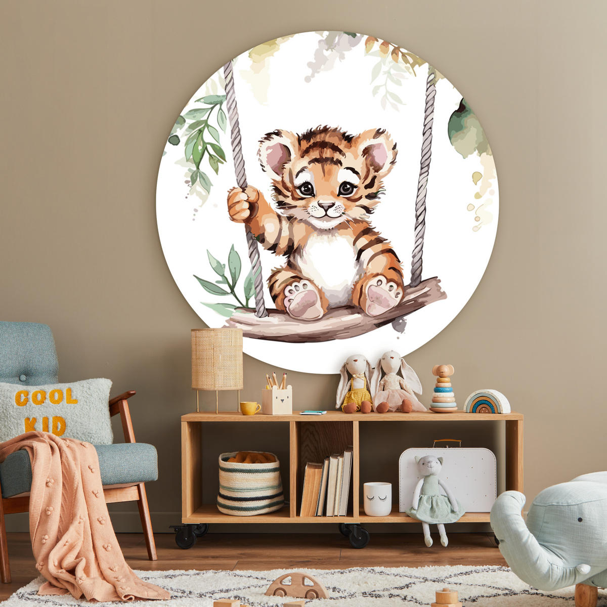 WANDBILD Tiger - Tier - Kinder - Dschungel Room Decor 140x140 cm - Dunkelorange, Kunststoff (140/140cm) - MuchoWow