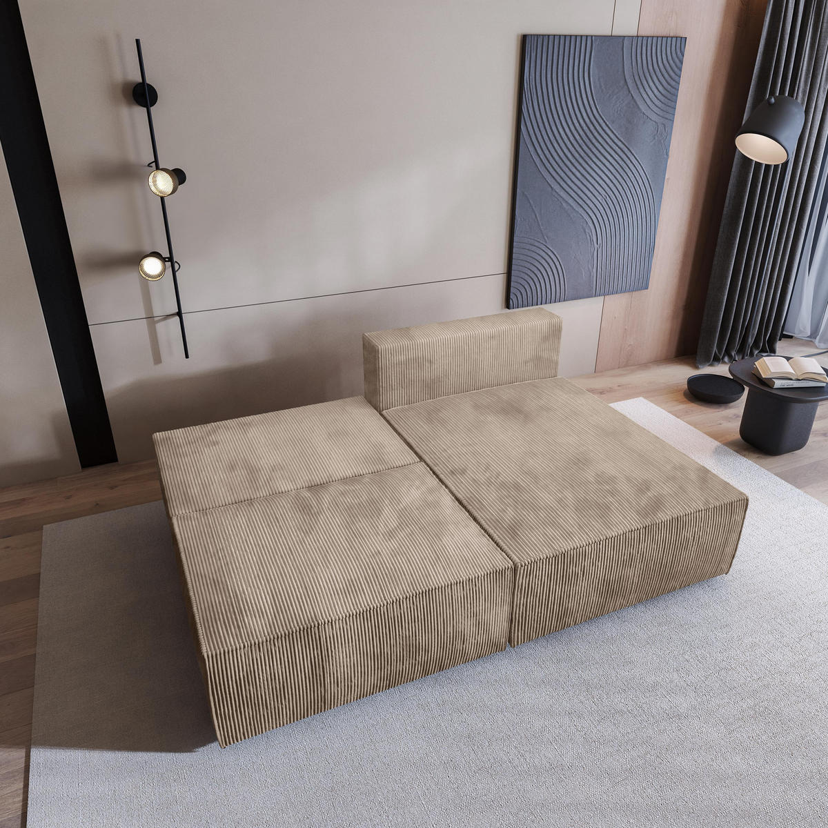 ECKSOFA FIORO P Beige Kordstoff mit Schlaffunktion - Beige/Grau, Holz/Kunststoff (204/148cm) - MASSENO