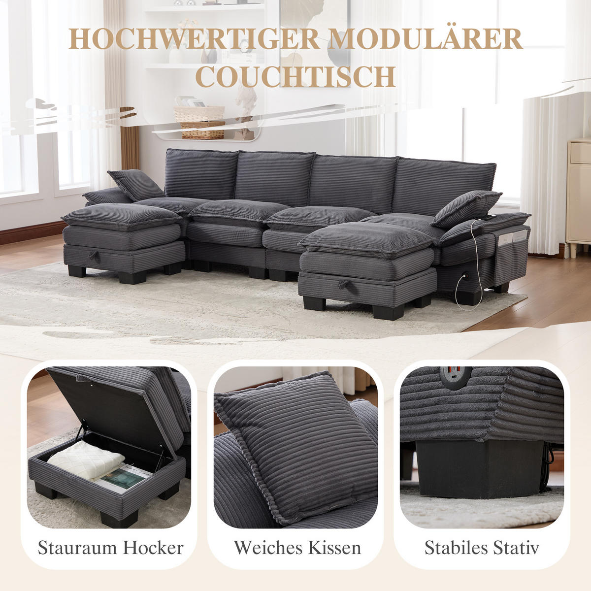 WOHNLANDSCHAFT Cord Dunkelgrau mit 2 Hockern, USB-C und Seitentaschen - Dunkelgrau, Holzwerkstoff/Kunststoff (330/84/132cm) - WISHDOR