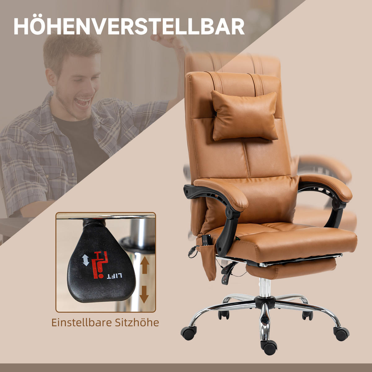 BÜROSTUHL mit Massagefunktion, Braun - Braun, Leder (67/123/66cm) - Vinsetto