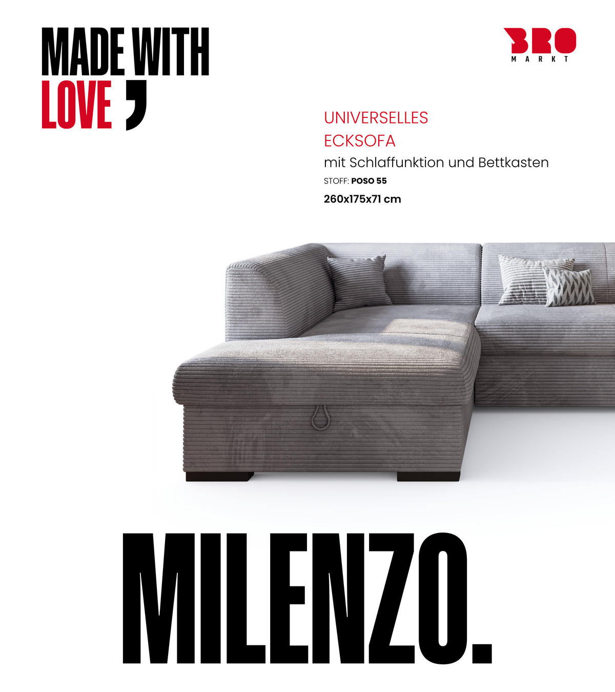 ECKSOFA mit Schlaffunktion Cordstoff MILENZO Hellgrau Rechts - Hellgrau, Holz (260/175cm) - Bromarkt