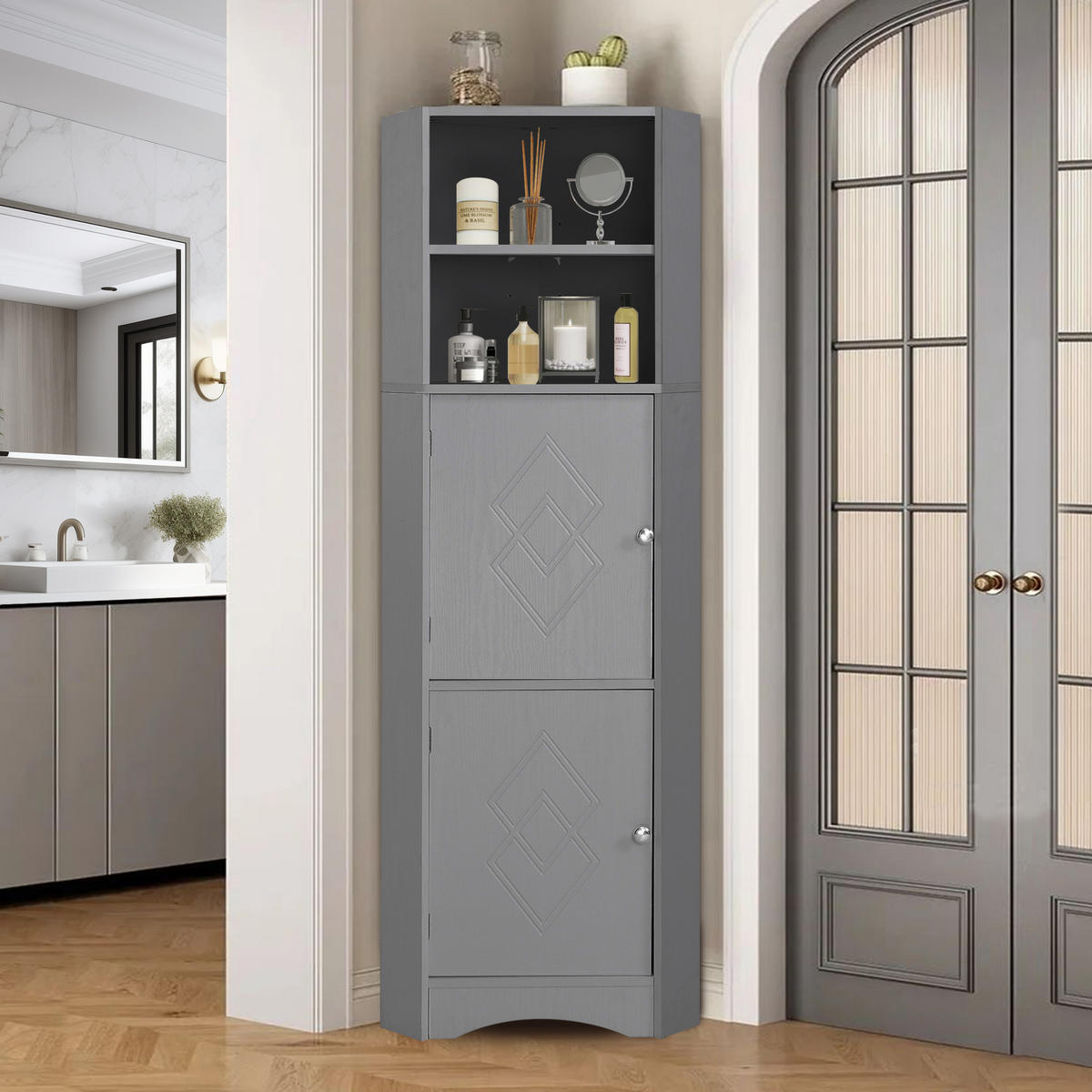 BUFFET Moderner Eck-Hochschrank dreieckiges Design kippsicher feuchtigkeitsresistent minimalistisch vielseitig - Grau, Holzwerkstoff (36.5/155/36.5cm) - EVRYAE