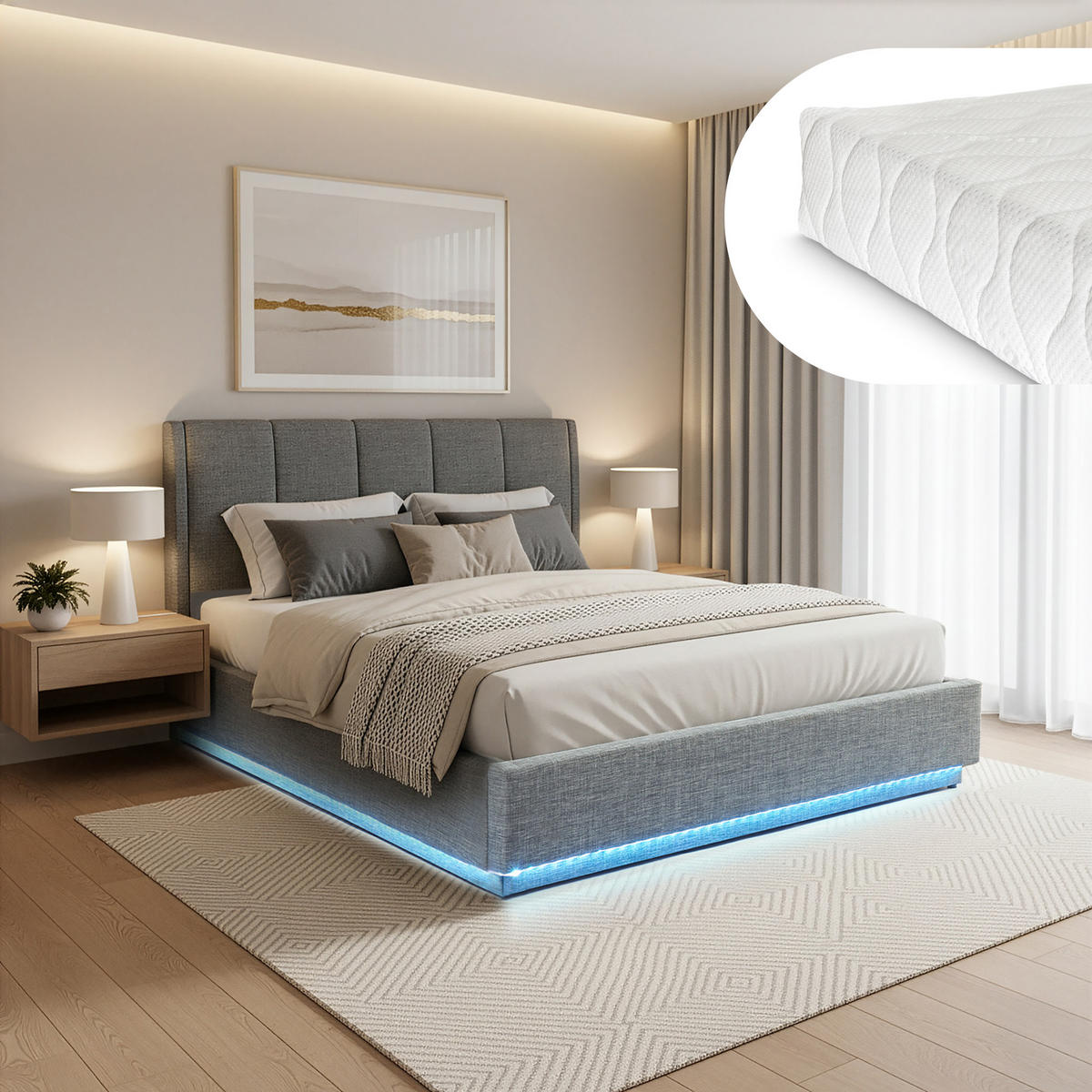 LED POLSTERBETT Tröstiar mit Matratze - Anthrazit, Holzwerkstoff/Kunststoff (160/200cm) - [en.casa]