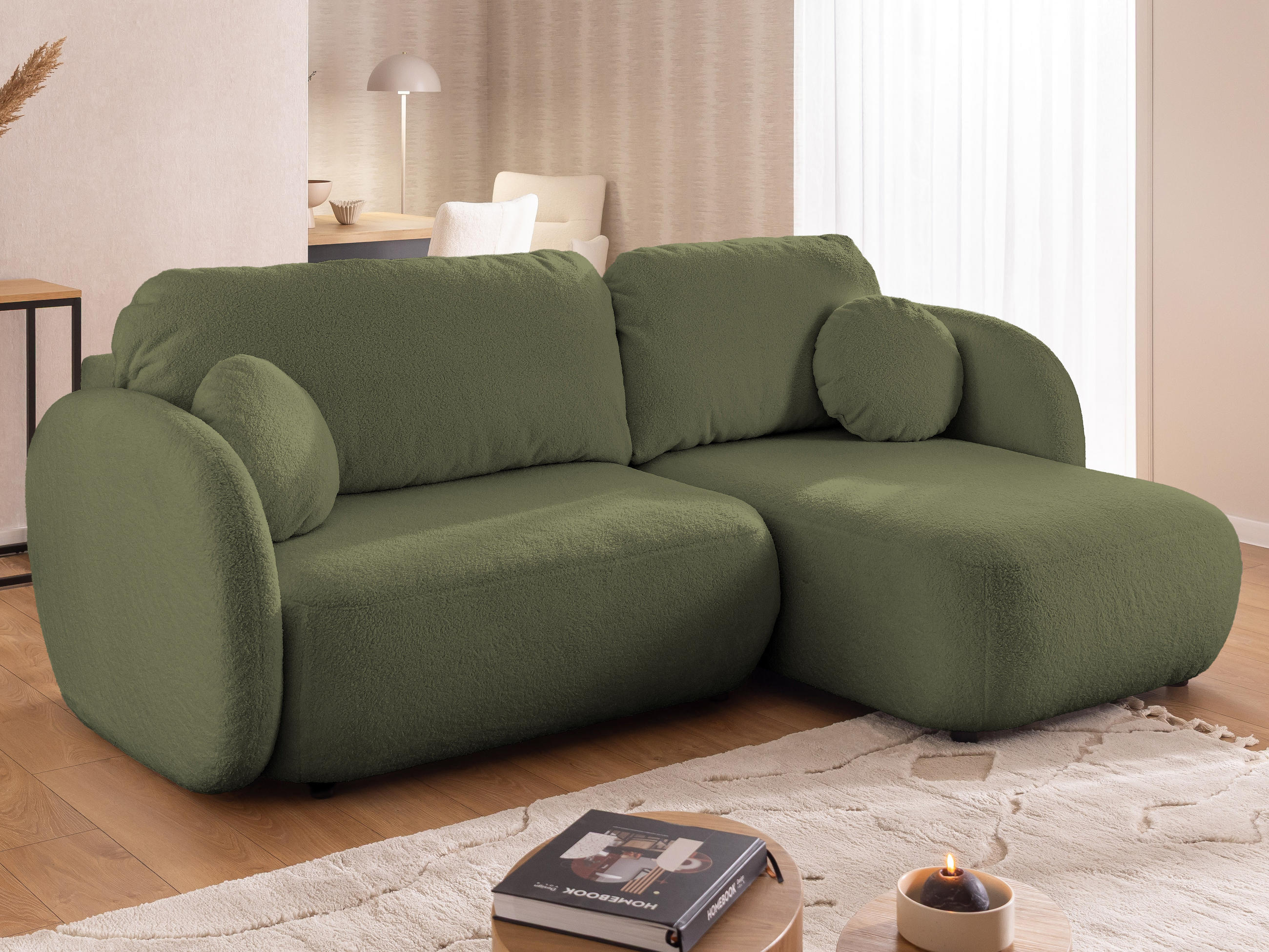 ECKSOFA Candy mit Schlaffunktion Grün Bouclé-Stoff - Ottomane rechts - Schwarz/Grün, Holz/Kunststoff (146/230cm) - S-Style Möbel