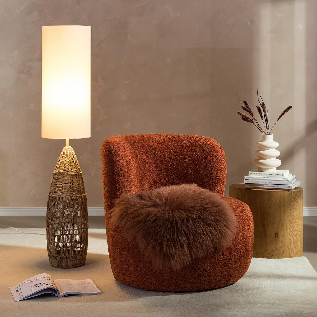 STEHLEUCHTE - Leinen / Eisen - 1-flammig - Beige/Braun, Textil/Metall (28/28/134cm) - home24