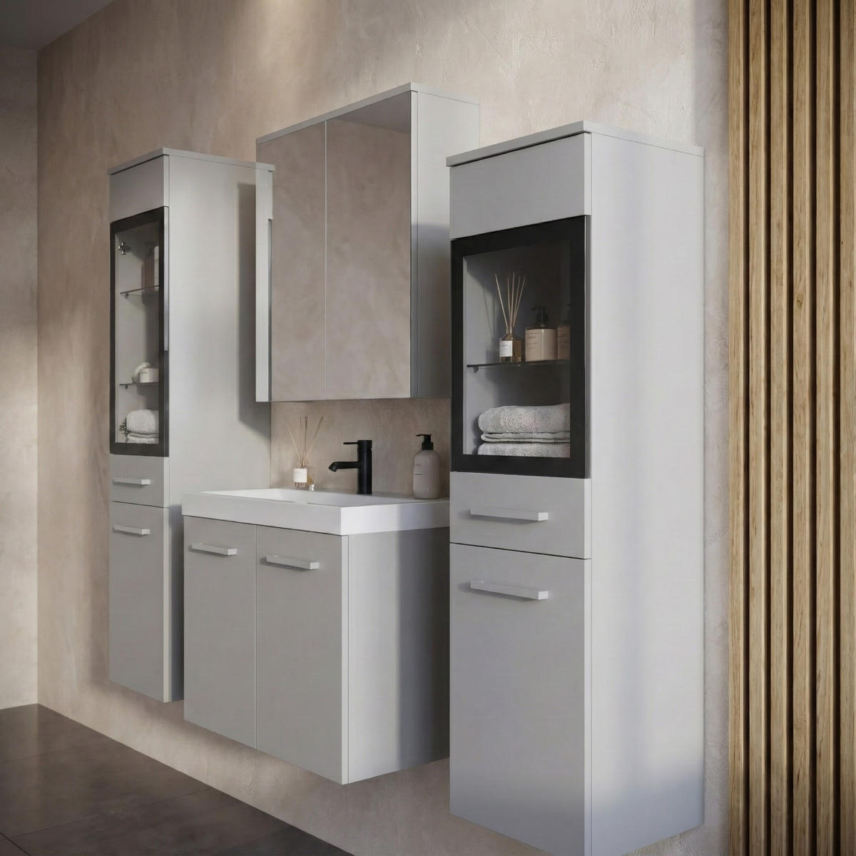 BADMÖBEL-SET Mirano 5 Teile Grau Matt - 60 x 35 x 51 cm - Grau, Holz (60/47/35cm) - Badplaats