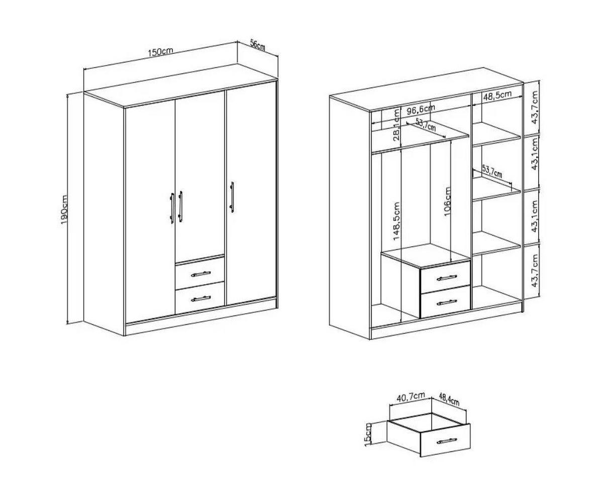 KLEIDERSCHRANK SAM SR2 3-türig 150 / 190 / 56 cm Kaschmir - Kaschmir, Holzwerkstoff (150/190/56cm) - Deine Möbel 24