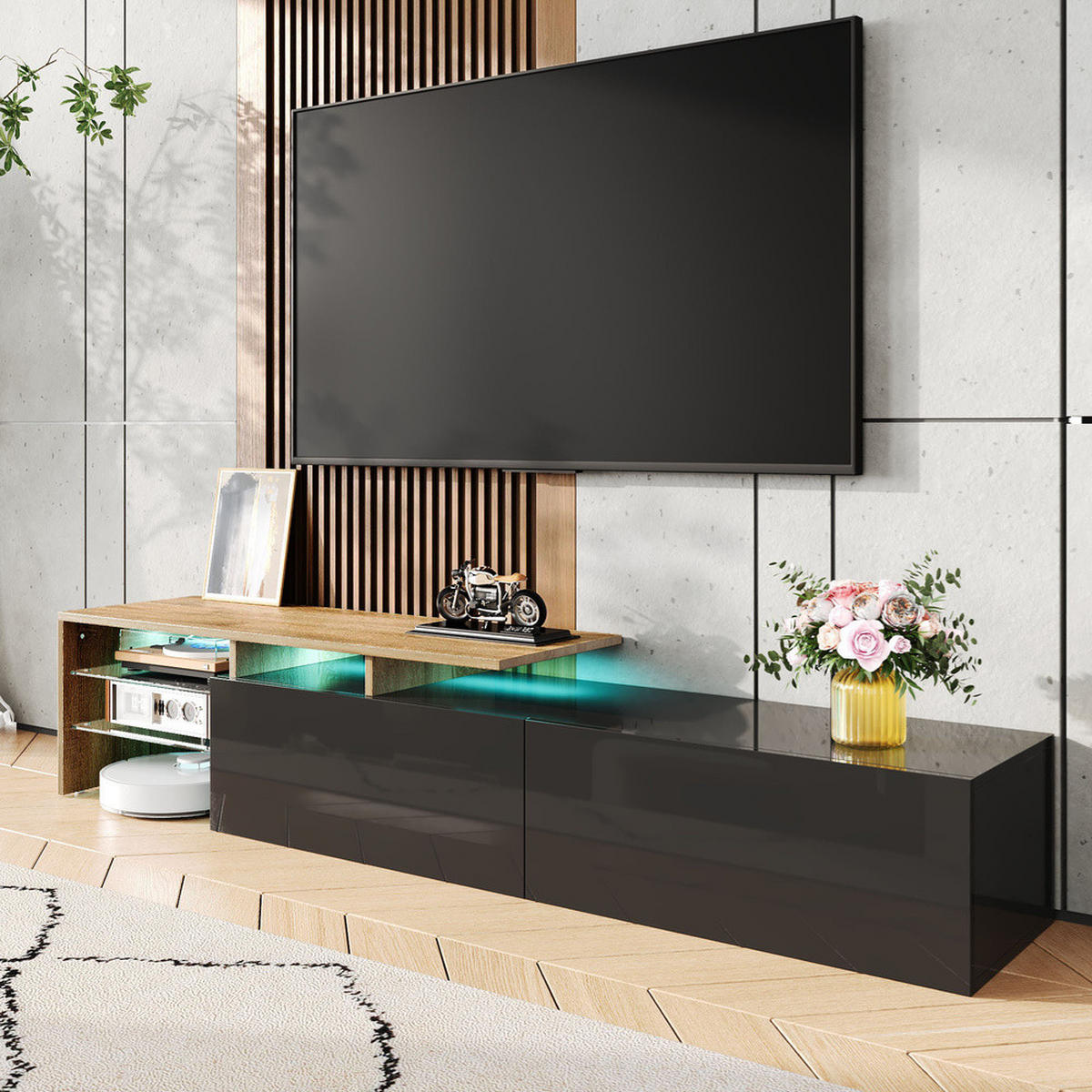 TV-SCHRANK Modern Hochglanzschwarz Holzoptik Glasböden LED-Beleuchtung - Schwarz, Holz (42.19/18.42/143cm) - FLIEKS