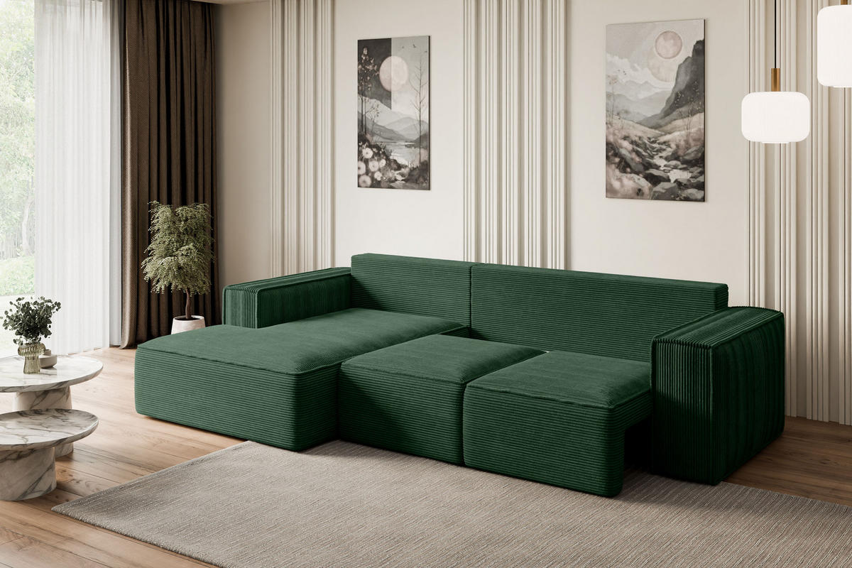 ECKSOFA mit Schlaffunktion und Bettkasten SERRA-L-S - 266x161x87 cm Grün Cord - Schwarz/Grün, Holzwerkstoff/Kunststoff (266/161cm) - ALTDECOR