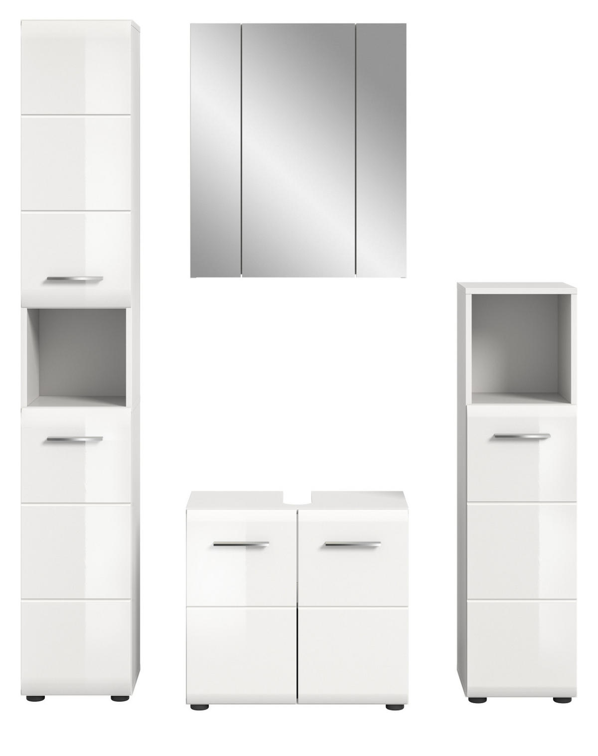 BADMÖBEL-SET weiß Hochglanz 4-teilig 150 cm, Komplettset mit viel Stauraum - Weiß Hochglanz/Silberfarben, Glas/Holzwerkstoff (150/185/30cm) - Inn.Furn