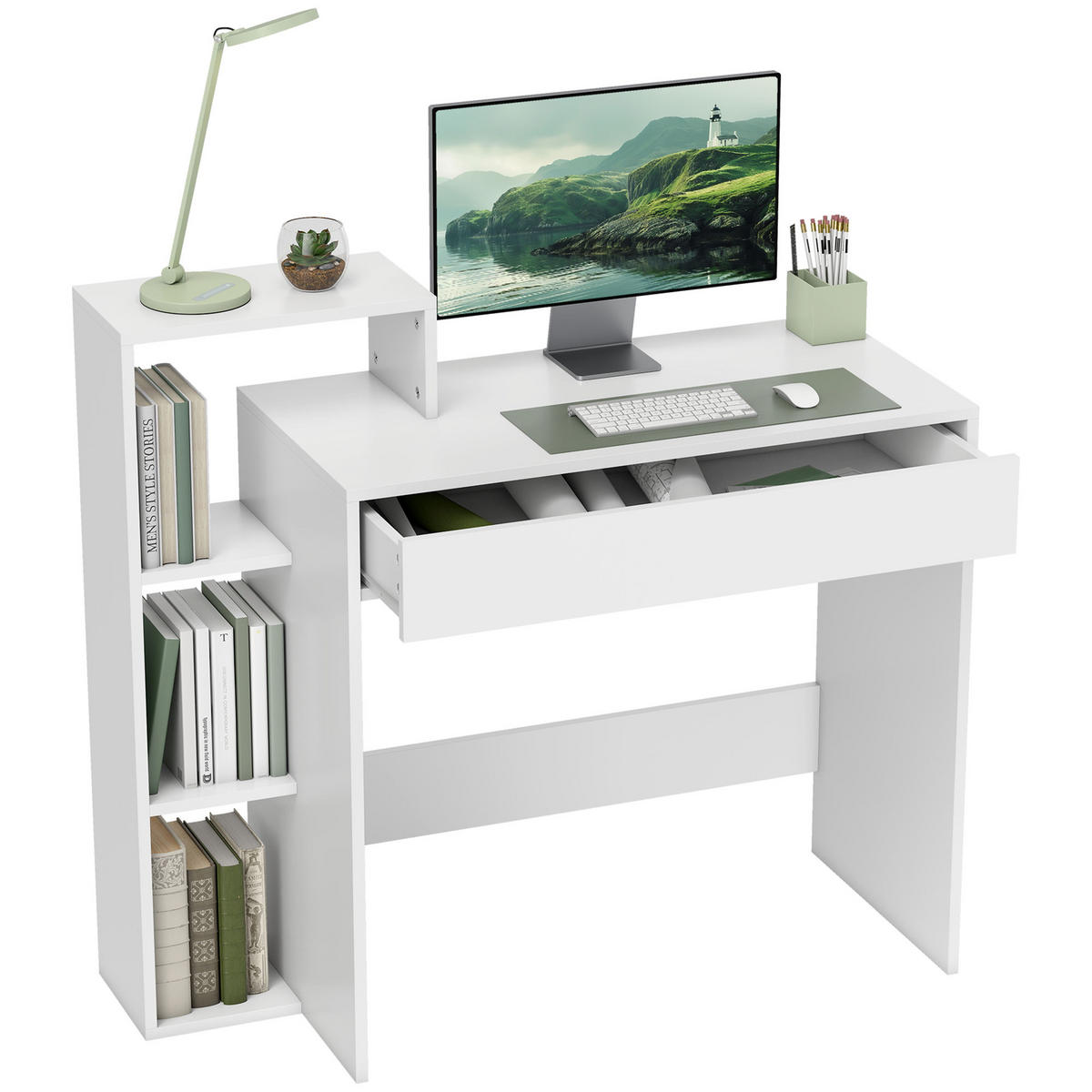 SCHREIBTISCH Weiß mit Schublade und Ablagefächern 100/40/90 cm - Weiß, Holzwerkstoff (40/100/90cm) - PANGIVO