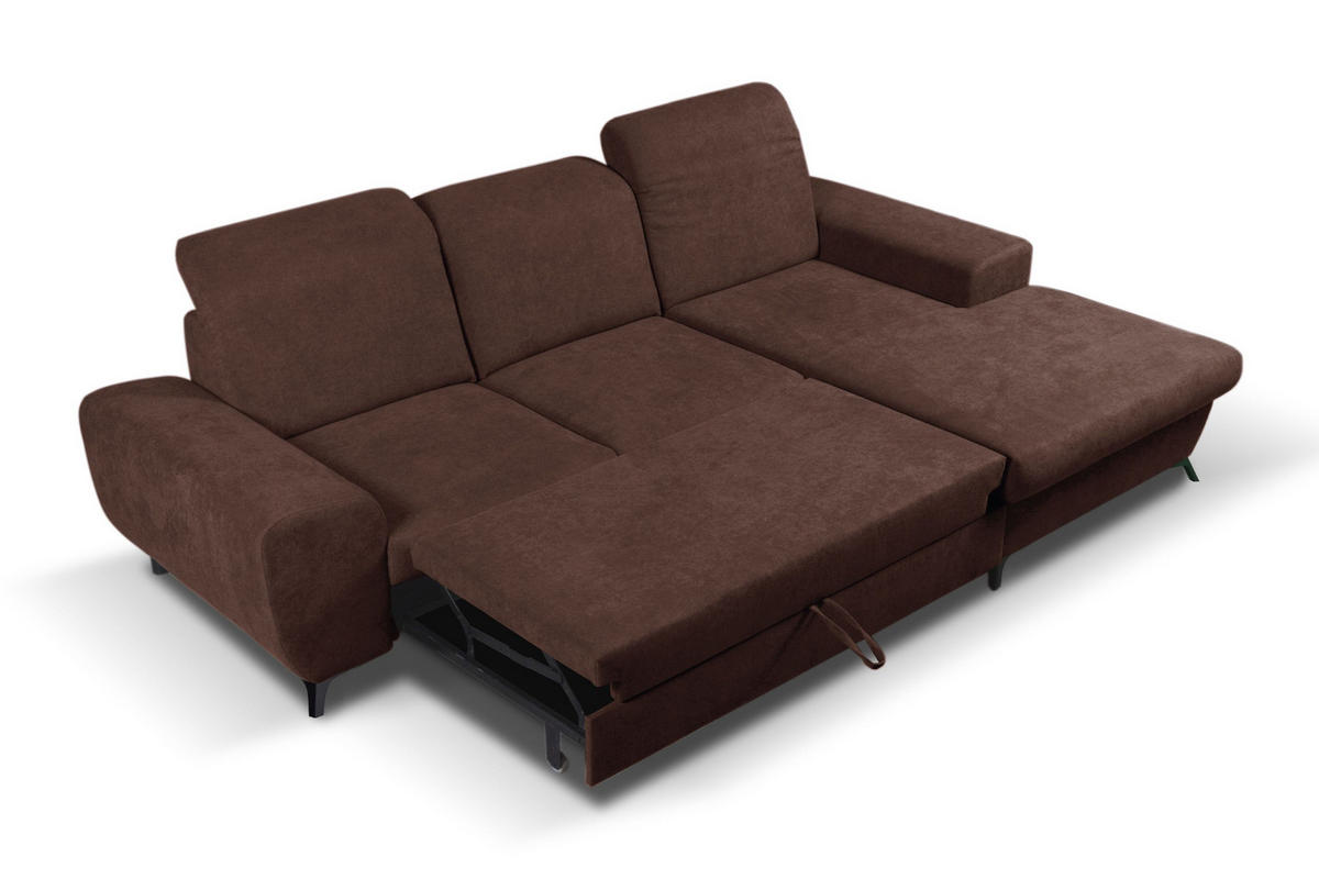 ECKSOFA LUCE R-S Braun Plüsch-Stoff mit Schlaffunktion - Braun, Holz (279/172cm) - MASSENO