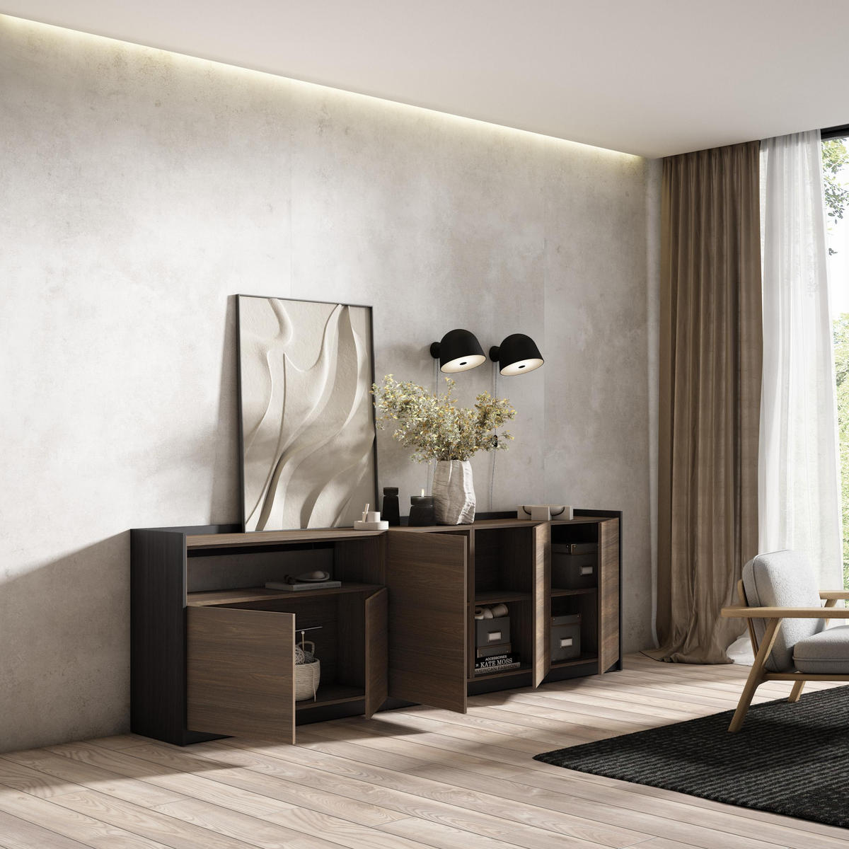 SIDEBOARD, Highboard, Dunkler Eiche und Schwarz, 260/37/80cm - Dunkelbraun, Holzwerkstoff (260/80/37cm) - Skraut Home