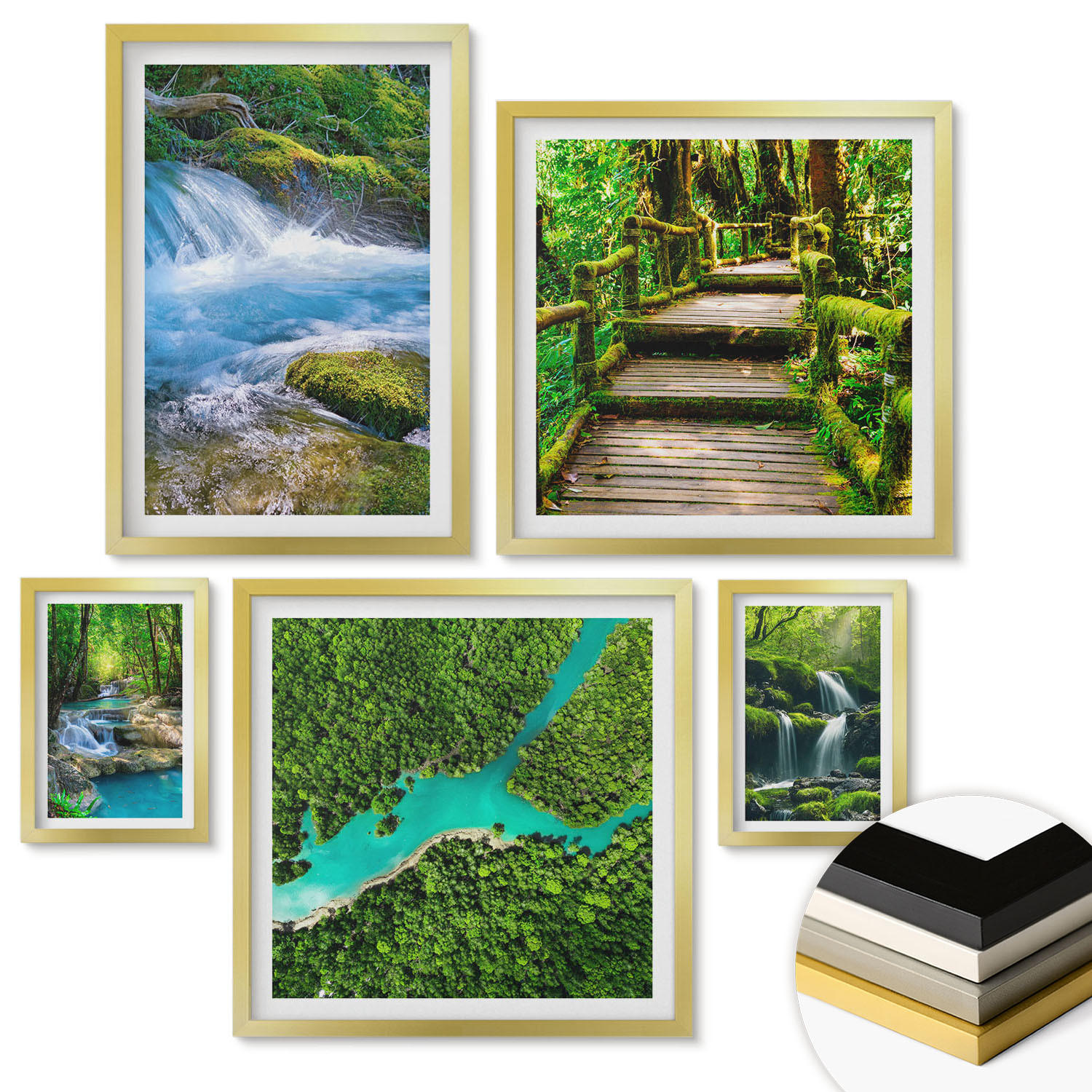 WANDBILDER 5er Set - 50x50 cm & 20x30 cm & 40x60 cm Goldrahmen - Grüne Berge, Flussfelsen - Goldfarben, Kunststoff (40/60cm) - ArtPrintCave