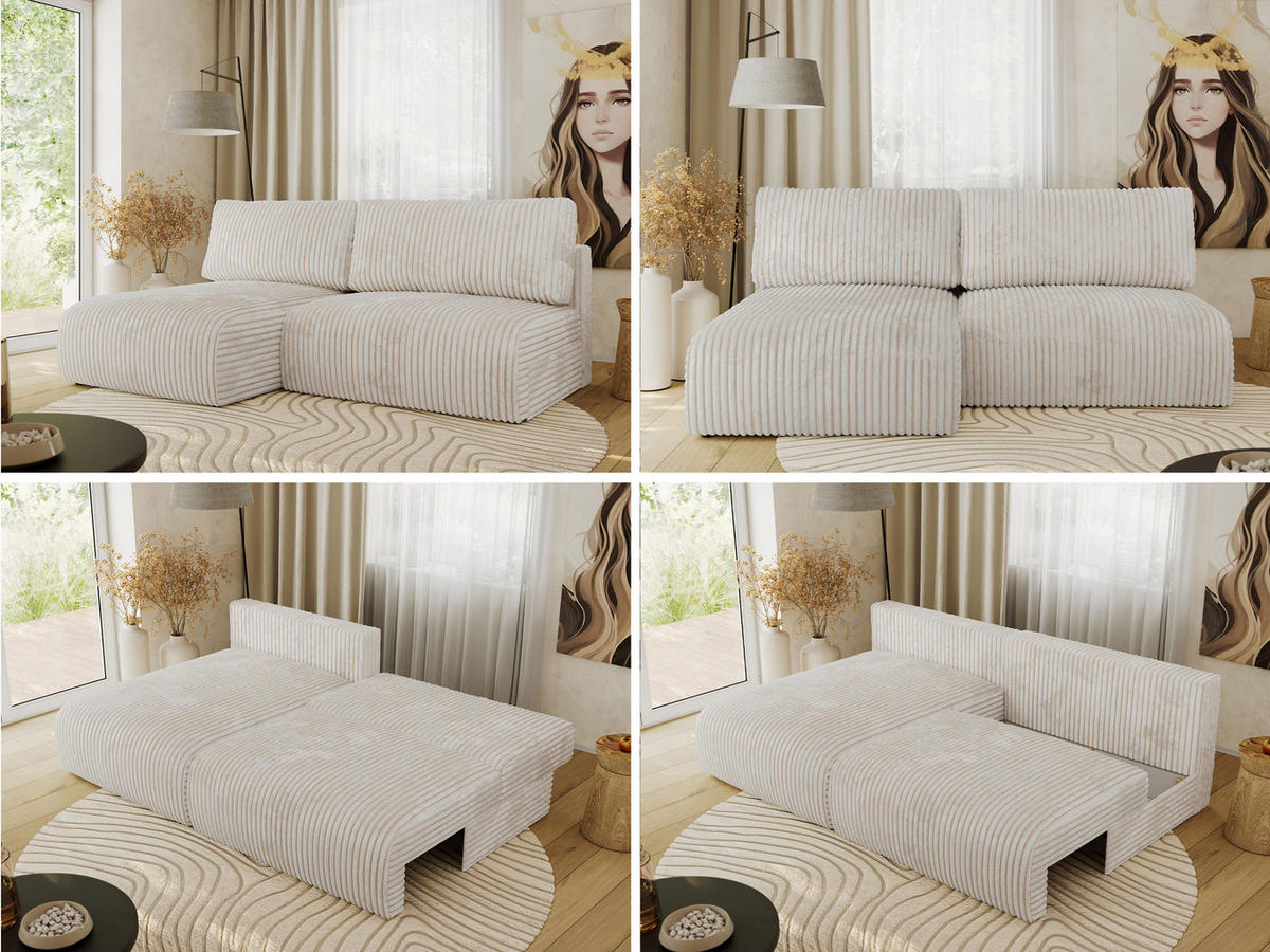 ECKSCHLAFSOFA VIVO L Creme Cord - links - Creme/Schwarz, Kunststoff/Textil (223/150cm) - MKS