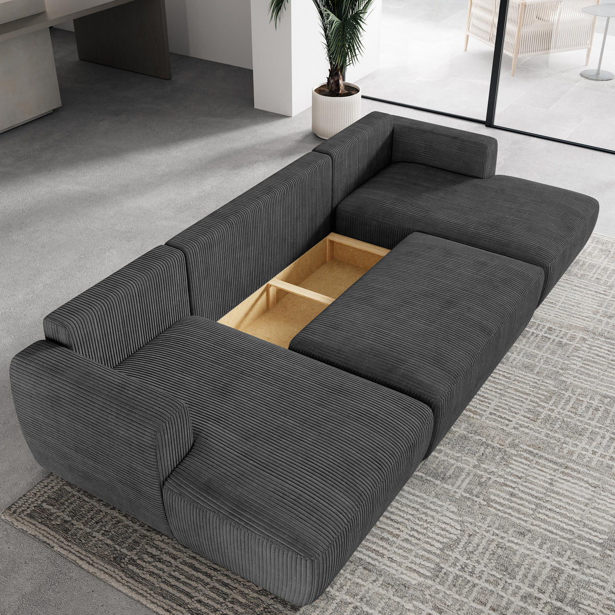 WOHNLANDSCHAFT SENTUM P Graphitfarben Kordstoff mit Schlaffunktion - Graphitfarben, Holz (330/90/148cm) - MASSENO