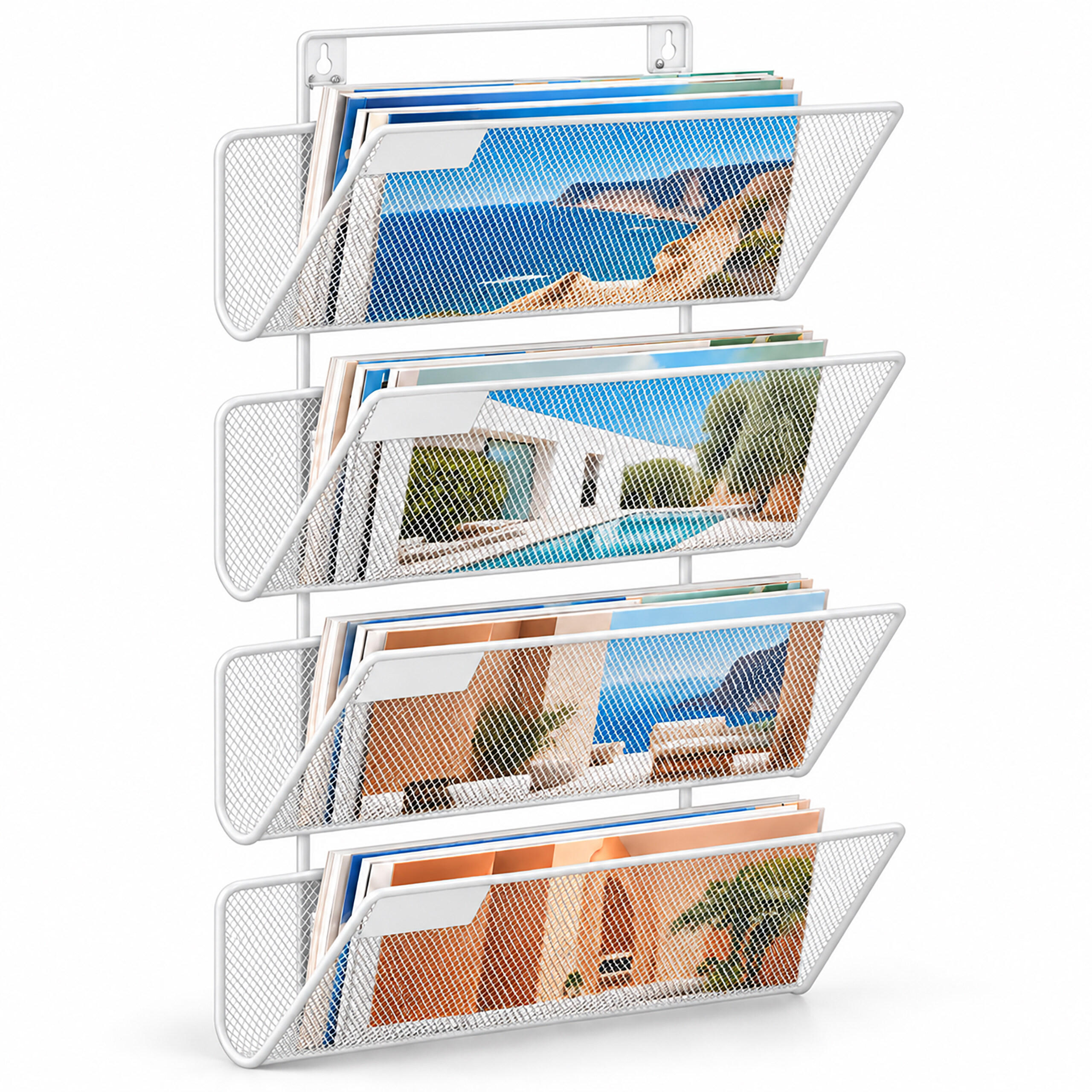 ZEITSCHRIFTENHALTER Weiß Metall Wandmontage 4 Ablagen A4 - Weiß, Metall (32.5/43/12cm) - Relaxdays