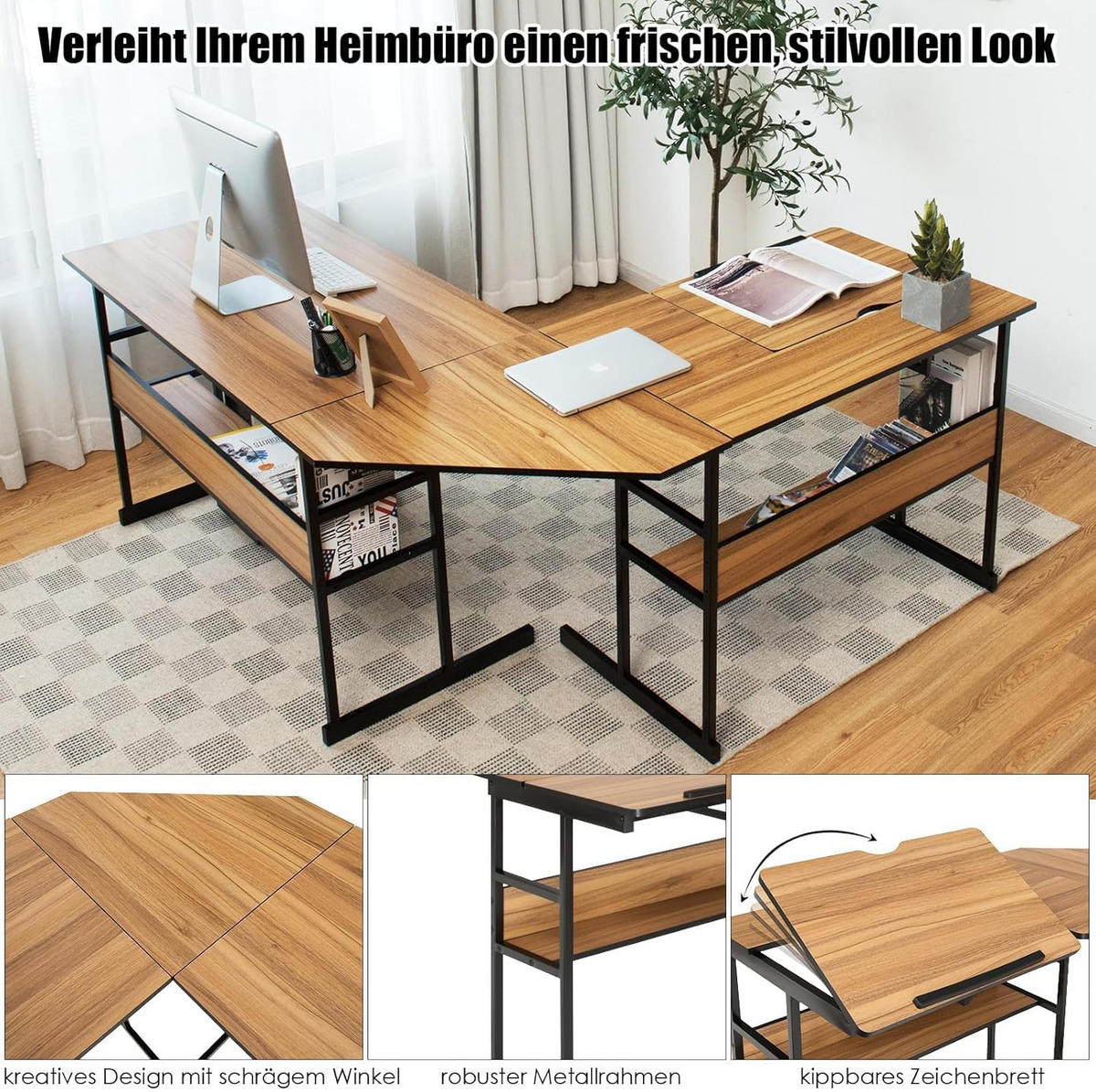 COMPUTERTISCH Walnuss - Walnussfarben, Holzwerkstoff (150/170/75cm) - COSTWAY