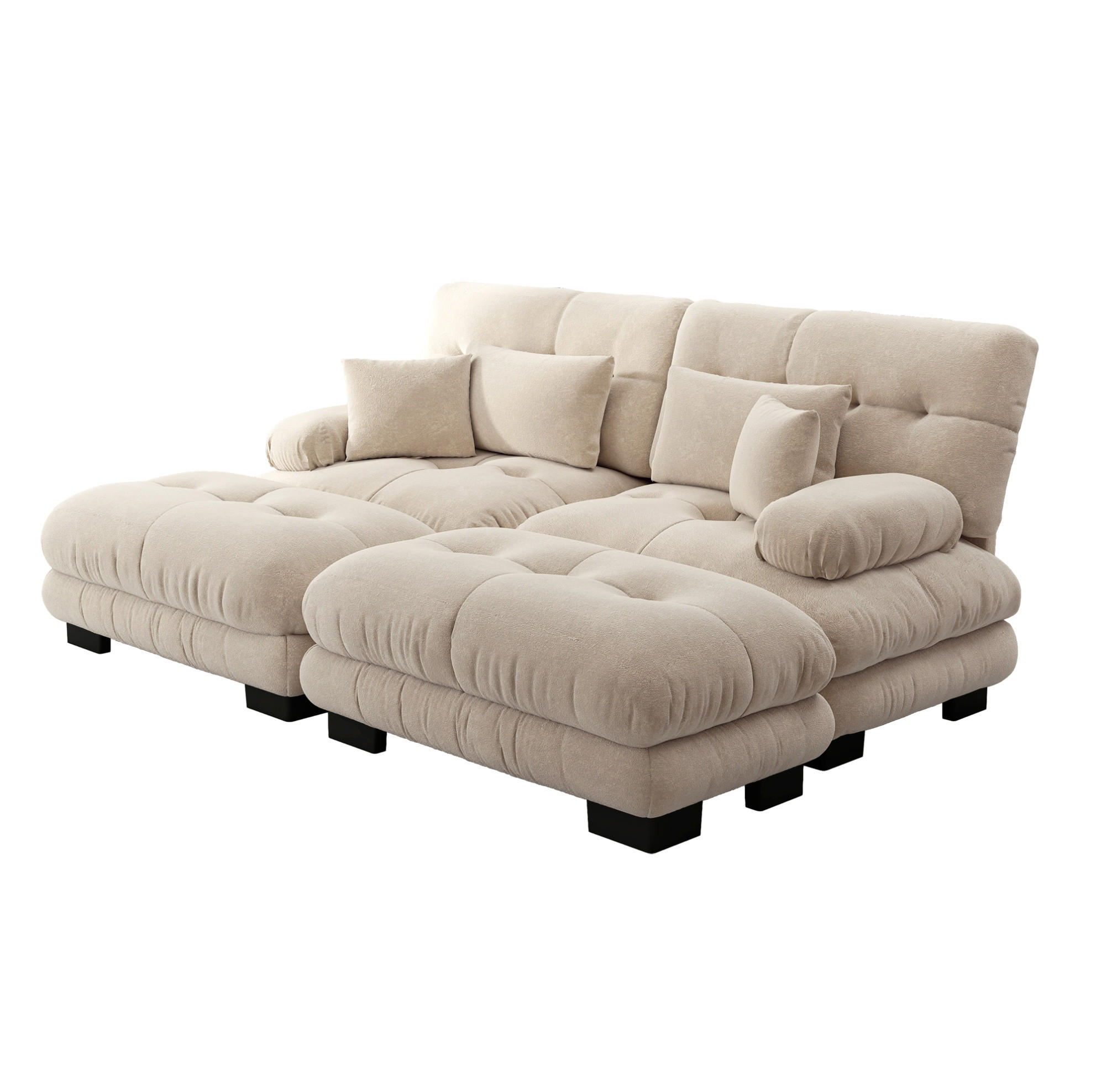 ECKSOFA 220/145/81 cm hellbraun aus Chenille mit 2 Ottomane und Kissen - Cappuccino, Textil (145/220cm) - OKWISH