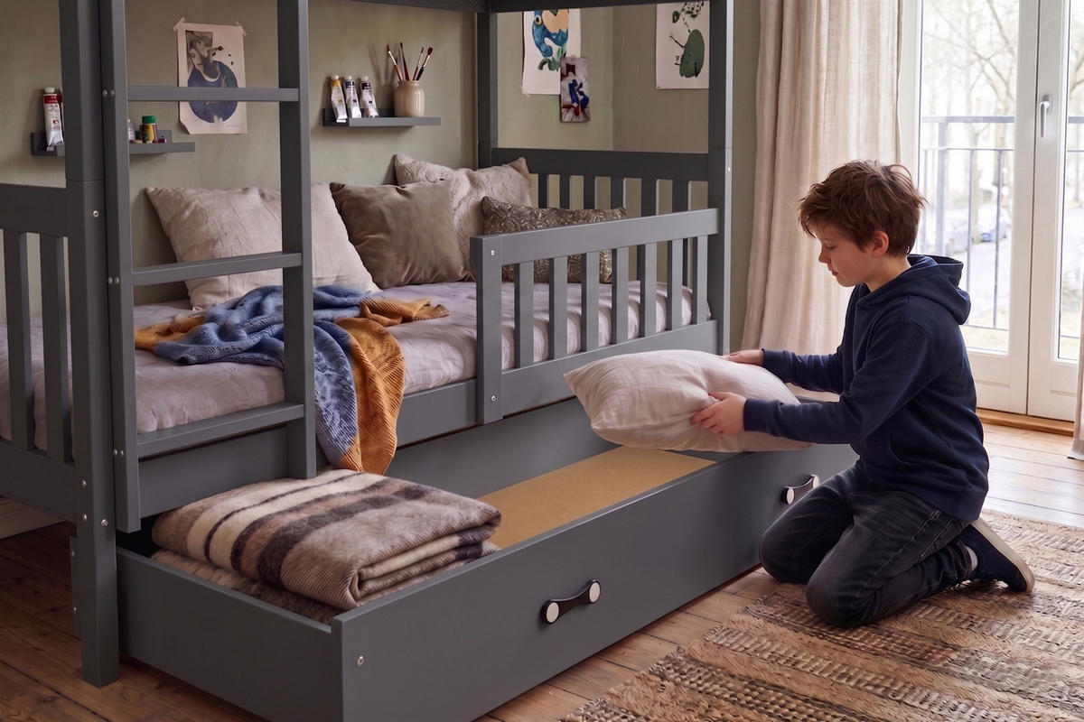 ETAGENBETT 90x200 in Grau mit Lattenrost – Kinderbett mit Schublade & Rausfallschutz JAKOB - Weiß/Grau, Holz (90/200cm) - Interbeds