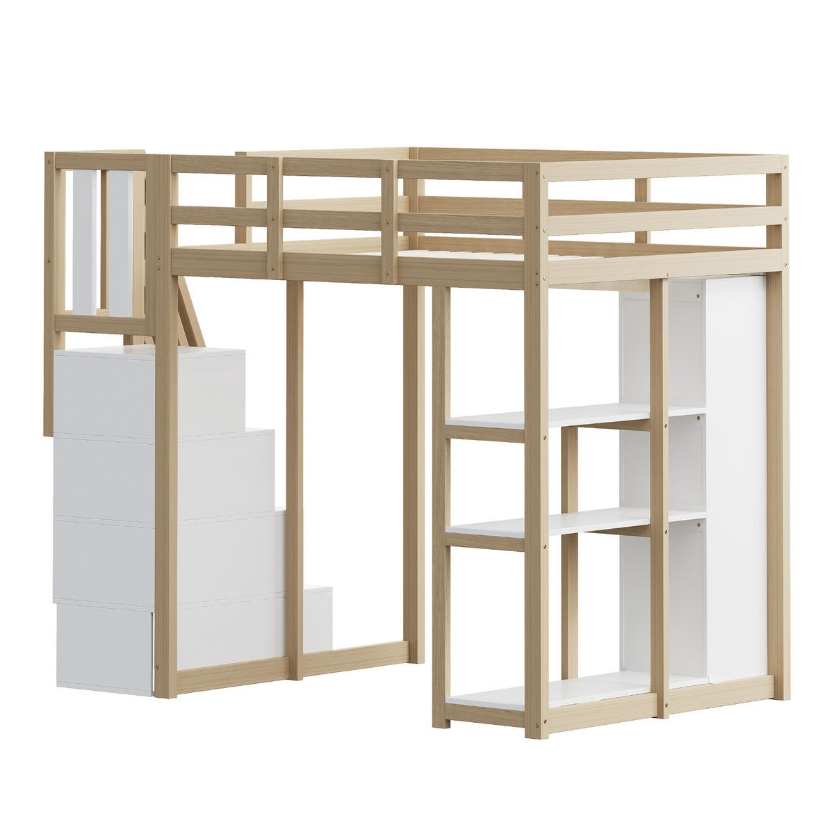 HOCHBETT 140/200 cm mit Aufbewahrungsschubladen und Sicherheitsleiter in Natur und Weiß - Hellbraun/Weiß, Holz (140/200cm) - OKWISH