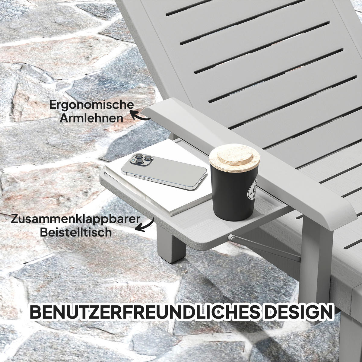 SONNENLIEGE mit Seitentisch Holzoptik - Hellgrau, Kunststoff (158/88/79cm) - Outsunny