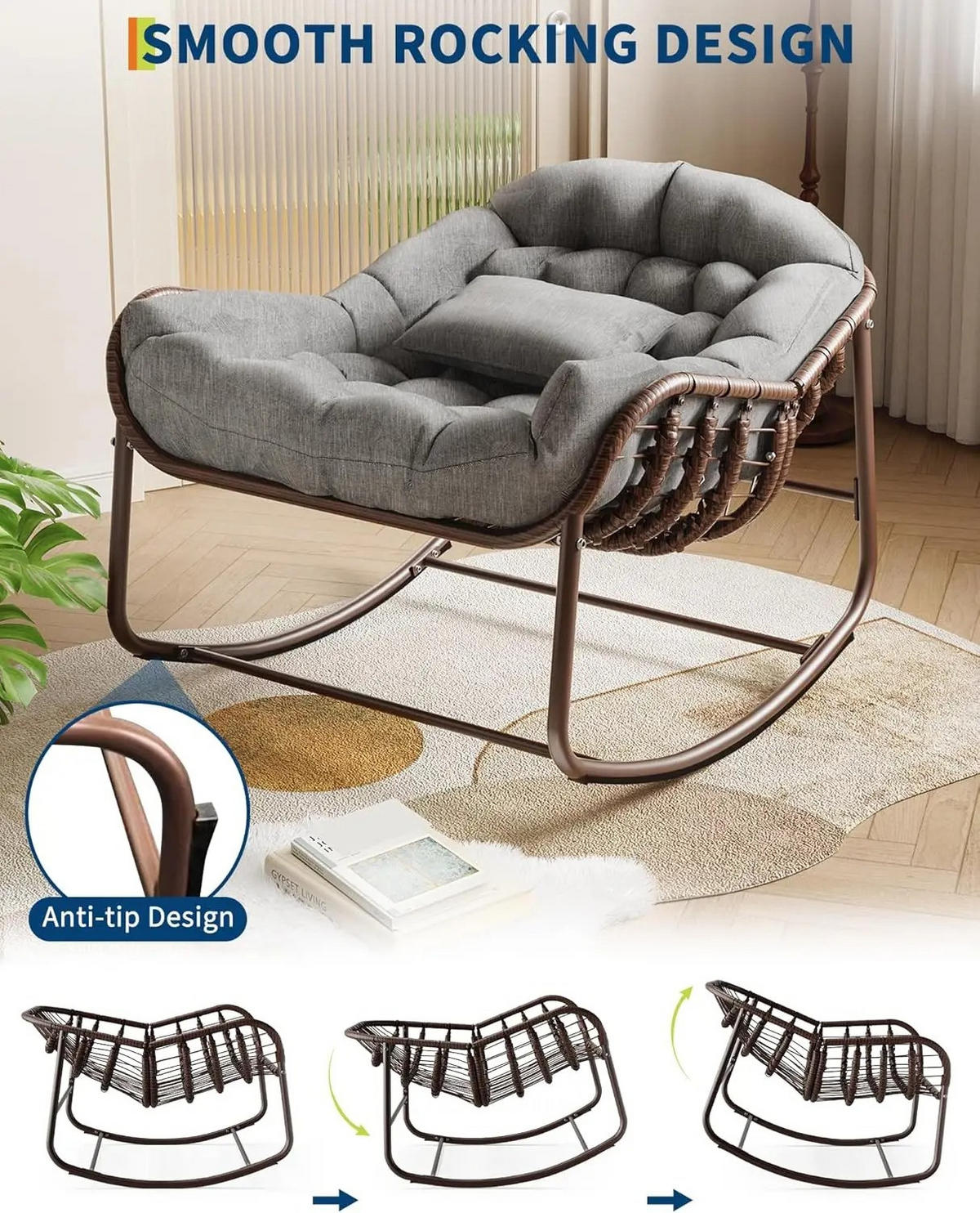 SCHAUKELSTUHL Rattan mit dicker Polsterung, großer Lounge-Eierstuhl für Garten und Innenbereich, Grau - Grau, Textil (83/64/92cm) - Kaket